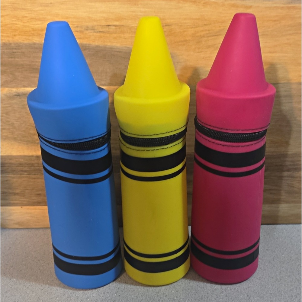 Lot of 3 Jot Crayon Silicone Zipper Pen/Pencil Cases Pouches Blue Yellow Red